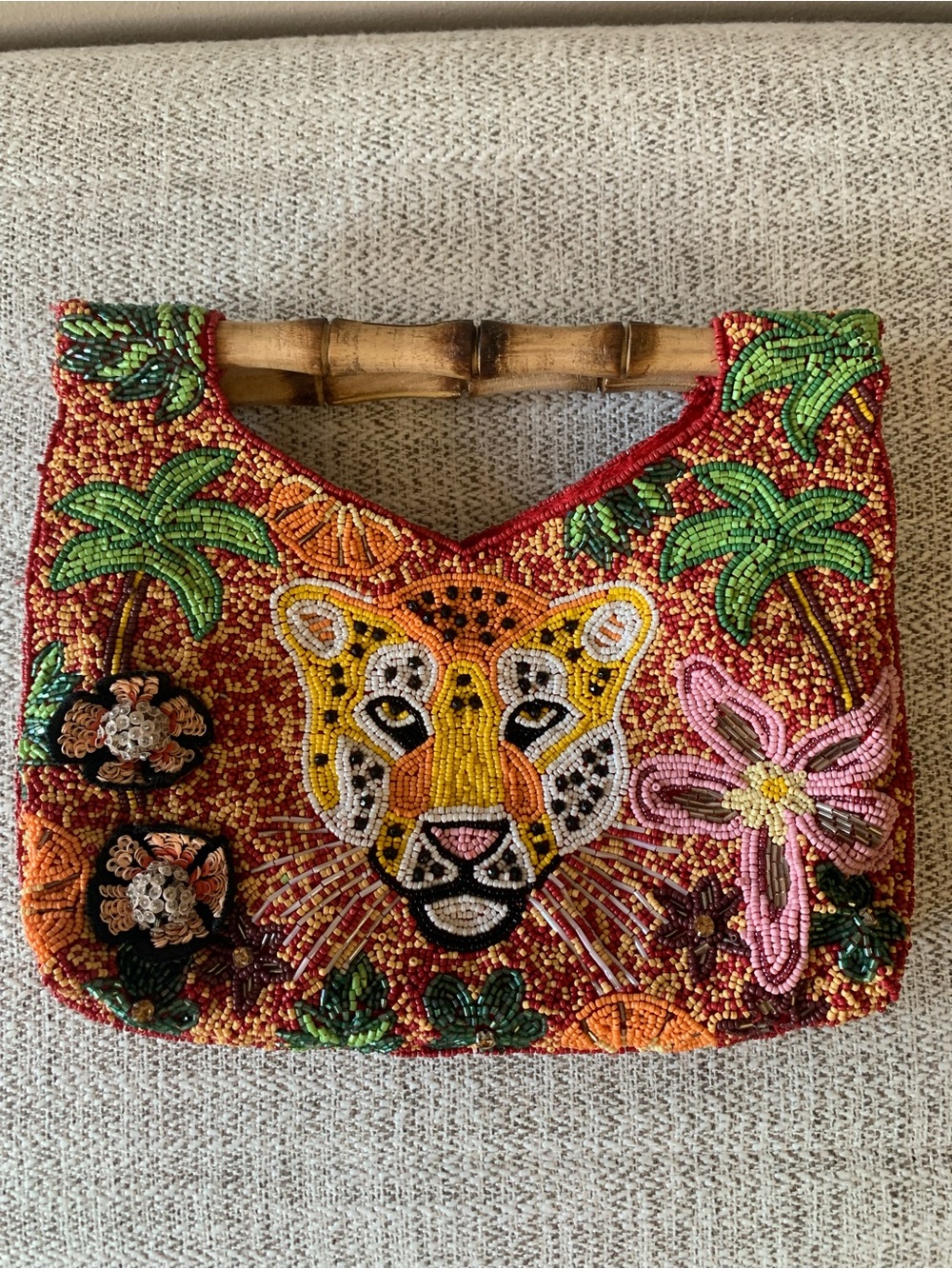 Beaded Tropical Jaguar/Leopard Bamboo-Handle Women’s Handbag - Red NWT